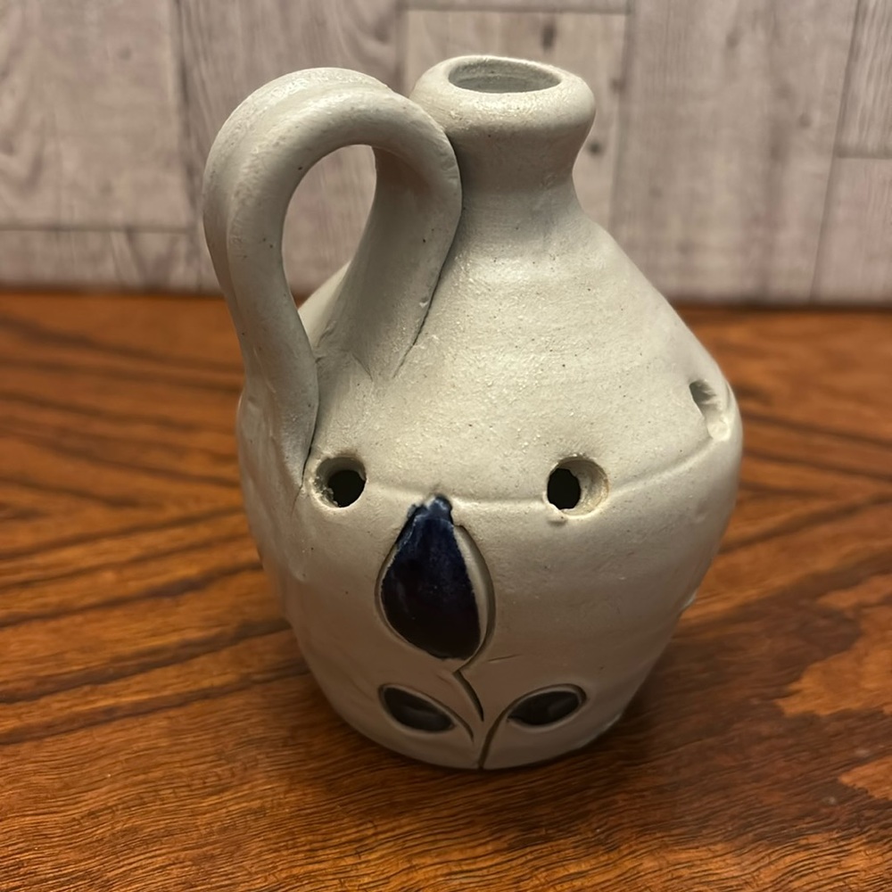 Vintage Williamsburg Pottery Jug Salt Glaze Cobalt Blue Flower Vase Pot
